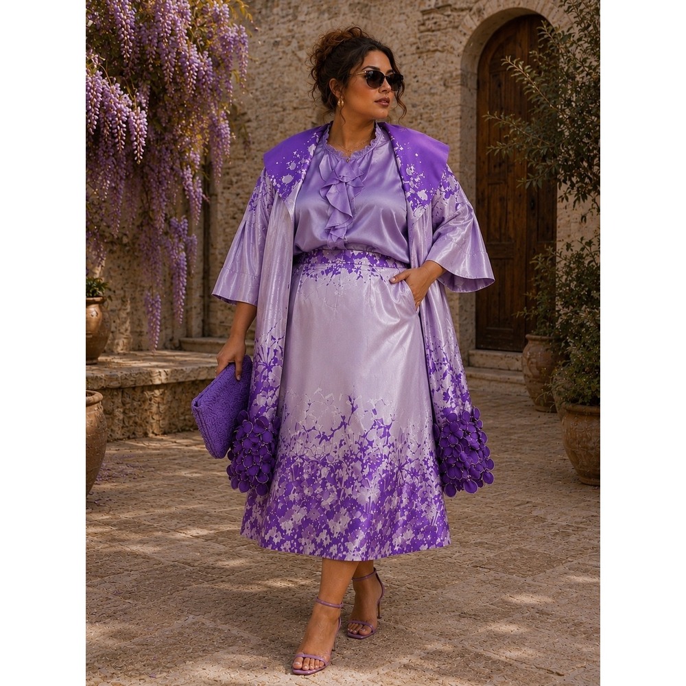 Nubiano NY 3 Piece Skirt Suit Set Purple Silver Floral 3D Petal Accents 20W